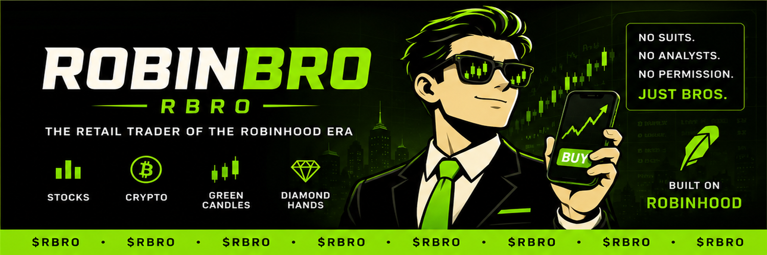 ROBINBRO X banner with finance bro mascot, trading phone, and Robinhood era slogan